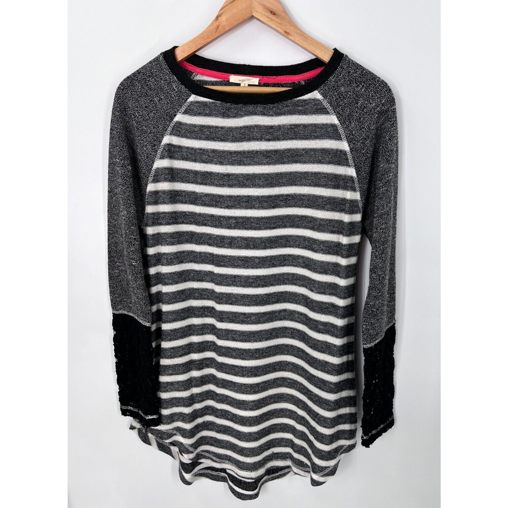 Mystree Terry Knit Top Gray Stripe Long Sleeve Lace Cuff Zip Hem Womens Small